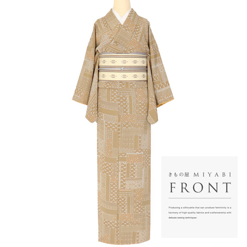 小紋 リサイクル 身丈159.8cm 裄64cm 袷 幾何学柄 ブラウン Mサイズ お洒落 カジュアル 正絹 広衿 Sランク