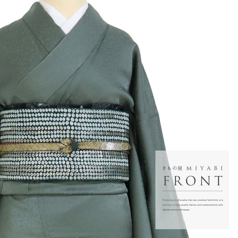 訪問着 リサイクル 身丈165.8cm 裄68.4cm 袷 裾ぼかし柄 箔 地紋 グリーン LLサイズ お洒落 正絹 広衿 Sランク