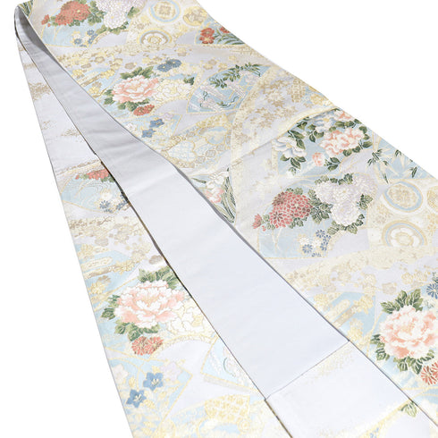袋帯 リサイクル 帯丈444cm 六通 地紙に花柄 花草文 グレー Mサイズ 正絹 Sランク フォーマル セミフォーマル