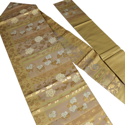 名古屋帯 リサイクル 帯丈368.5cm 六通 葡萄柄 花唐草柄 ゴールド Mサイズ 正絹 Sランク お洒落