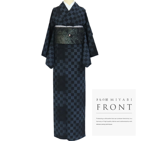 紬 リサイクル 身丈166cm 裄64.8cm 単衣 塩沢絣 市松柄 ネイビー LLサイズ お洒落 カジュアル 証紙 正絹 広衿 Sランク