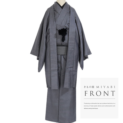 アンサンブル 男物 リサイクル 身丈146.5cm 裄70.6cm 羽織丈97cm 袷 大島 グレー Mサイズ お洒落 カジュアル 証紙 正絹 棒衿 Sランク