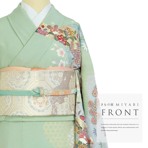 訪問着 リサイクル 身丈164.2cm 裄66.4cm 袷 霞に菊やたちばな柄 金駒刺繍 後絞り加工 箔 グリーン Lサイズ セミフォーマル お洒落 正絹 広衿 Sランク