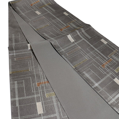 袋帯 リサイクル 帯丈434cm 六通 幾何学模様 ブラウン Sサイズ 正絹 Sランク お洒落