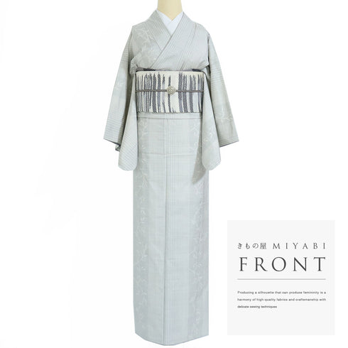 大島紬 リサイクル 身丈160.5cm 裄65.6cm 袷 白大島 縞模様 蔓草柄 ホワイト Lサイズ お洒落 カジュアル 証紙 正絹 広衿 Sランク