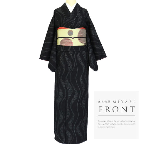 結城紬 リサイクル 身丈161cm 裄66cm 袷 曲線柄 ブラック Lサイズ お洒落 カジュアル 証紙 しつけ糸 正絹 広衿 新品・未使用品