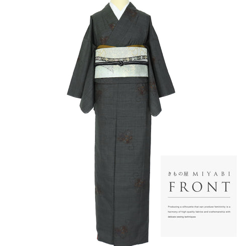 紬 リサイクル 身丈158.8cm 裄63cm 袷 グレー Mサイズ カジュアル お洒落 正絹 広衿 Aランク