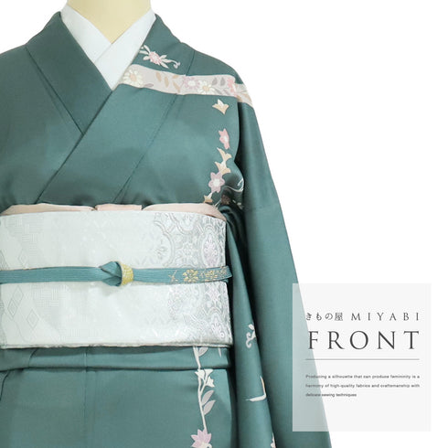 訪問着 リサイクル 身丈155cm 裄65.2cm 袷 花唐草柄 金駒刺繍 箔 グリーン Sサイズ セミフォーマル お洒落 正絹 広衿 Bランク