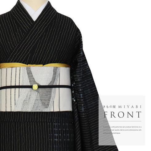 訪問着 リサイクル 身丈160.8cm 裄69.8cm 袷 染め紬 縞模様 水玉模様 絞り ブラック Lサイズ お洒落 カジュアル 正絹 広衿 Aランク