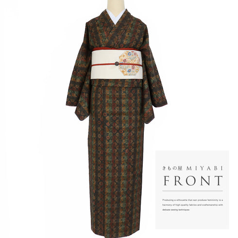 紬 リサイクル 身丈166cm 裄65.6cm 袷 絞り 縞柄 ブラウン ゆったりLLサイズ カジュアル しつけ糸 正絹 広衿 Sランク