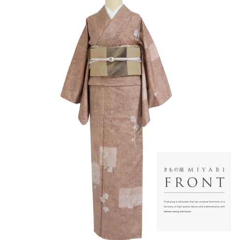 訪問着 リサイクル 身丈160cm 裄65.8cm 袷 紬 伝統工芸品 上代絵抜御召 さくらつむぎ ゆったりサイズ 地紋 ベージュ Mサイズ お洒落 証紙 正絹 広衿 Sランク