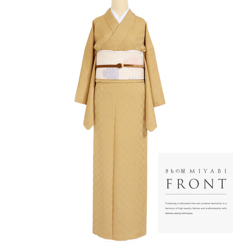 色無地 リサイクル 身丈163.2cm 裄67.2cm 袷 市松柄 イエロー Lサイズ セミフォーマル お洒落 落款 一つ紋 正絹 広衿 地紋あり Sランク