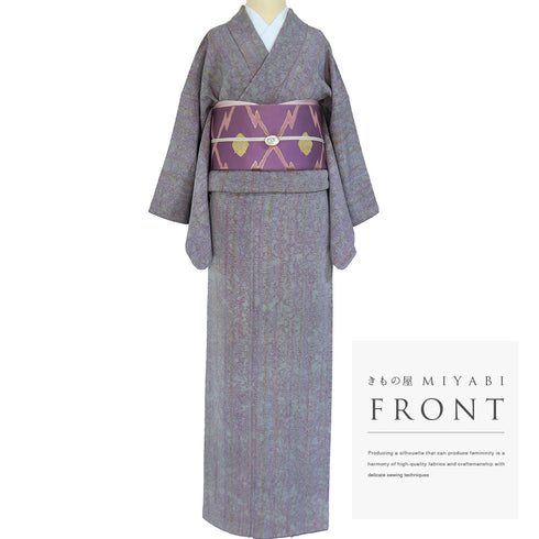 小紋 リサイクル 身丈163.5cm 裄64.4cm 袷 ローケツ染め パープル Lサイズ お洒落 正絹 広衿 Sランク