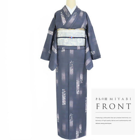 小紋 リサイクル 身丈165.7cm 裄66.4cm 袷 ぼかし短冊に草花柄 地紋 パールトーン加工 ブルー LLサイズ お洒落 カジュアル 正絹 広衿 Sランク