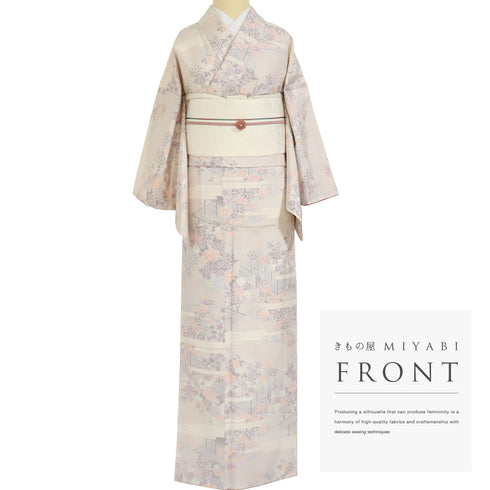 紬 リサイクル 身丈158cm 裄65.2cm 袷 風景文様 ピンク Mサイズ お洒落 カジュアル 正絹 広衿 Sランク