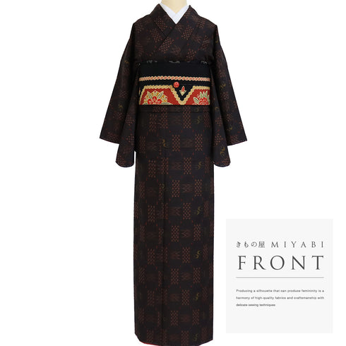 紬 リサイクル 身丈163.3cm 裄66.4cm 袷 伊勢崎絣 絣柄 ブラック Lサイズ お洒落 カジュアル 証紙 しつけ糸 正絹 広衿 Sランク