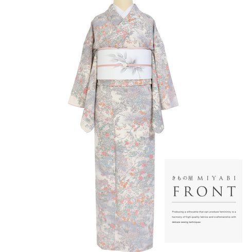 小紋 リサイクル 身丈156.5cm 裄64.4cm 袷 水辺の風景に花や鳥柄 地紋 ベージュ Mサイズ お洒落 カジュアル 正絹 広衿 Sランク