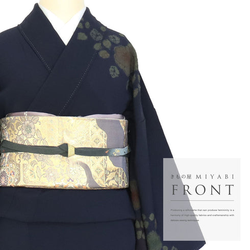訪問着 リサイクル 裄66.2cm 袷 辻ヶ花風模様 絞り ネイビー Lサイズ お洒落 正絹 広衿 Sランク