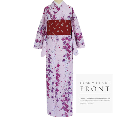 浴衣 リサイクル 夏着物 身丈166cm 裄67cm 夏物 枝垂れ桜 変わり織り 既製品 ピンク LLサイズ カジュアル 木綿 洗える着物 バチ衿 Aランク
