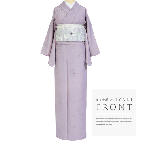 小紋 リサイクル 身丈159.2cm 裄63cm 袷 華文柄 寄せ小紋 パープル Mサイズ お洒落 カジュアル 正絹 広衿 Aランク