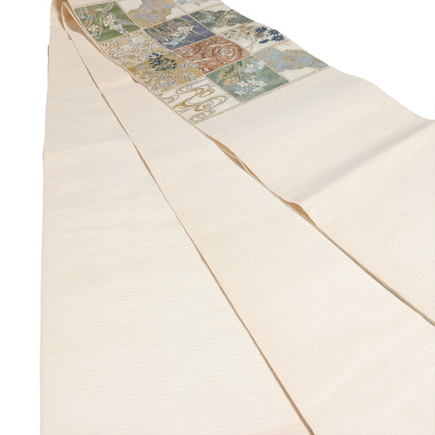 袋帯 リサイクル 帯丈460cm ポイント柄 格子絵柄 夏物 ベージュ LLサイズ 混合 新品・未使用品 フォーマル セミフォーマル
