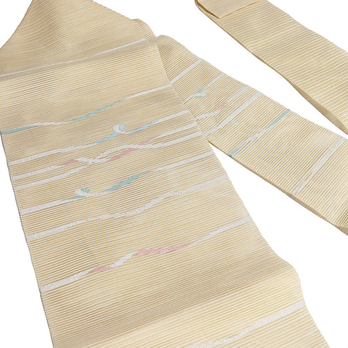 名古屋帯 リサイクル 帯丈369.5cm ポイント柄 8寸 絽 紐柄 金銀糸加工 ベージュ Mサイズ 不明 Sランク カジュアル