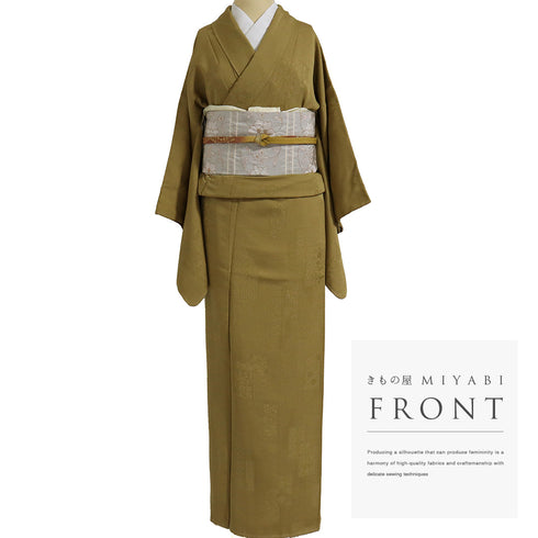 色無地 リサイクル 身丈156cm 裄62.4cm 袷 イエロー Mサイズ セミフォーマル お洒落 一つ紋 しつけ糸 正絹 広衿 地紋あり Sランク