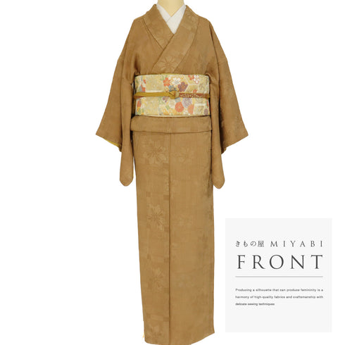 色無地 リサイクル 身丈153cm 裄62.4cm 袷 アンティーク デザイン格子・花模様 ブラウン Sサイズ お洒落 正絹 広衿 地紋あり Bランク