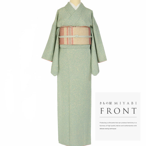 小紋 リサイクル 身丈158.7cm 裄65cm 袷 たたき染め 薬草染め グリーン Mサイズ お洒落 カジュアル 正絹 広衿 Sランク