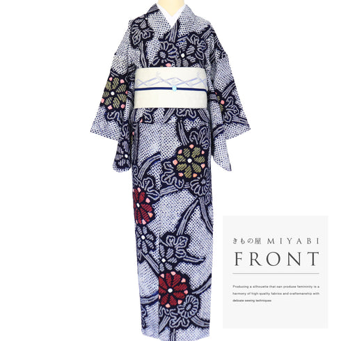 浴衣 リサイクル 夏着物 身丈152cm 裄63.6cm 夏物 絞り 菊柄 ネイビー Sサイズ カジュアル しつけ糸 木綿 洗える着物 バチ衿 Bランク