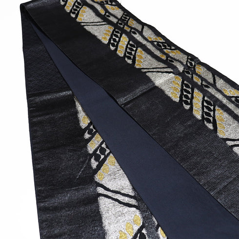 袋帯 リサイクル 帯丈434cm 六通 デザイン木柄 ブラック Sサイズ 正絹 Sランク お洒落