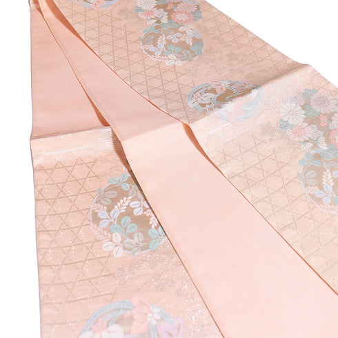 袋帯 リサイクル 帯丈432cm 六通 花の丸柄 夏物 ピンク Sサイズ 正絹 新品・未使用品 セミフォーマル お洒落