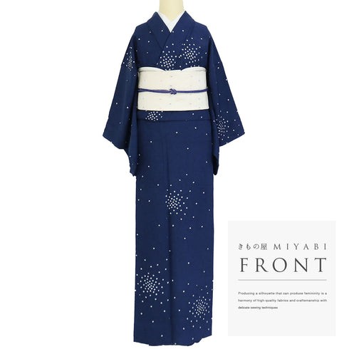 小紋 リサイクル 身丈161.7cm 裄63cm 袷 鹿の子絞り 地紋 衿先布付き ブルー Lサイズ お洒落 カジュアル 正絹 バチ衿 Aランク