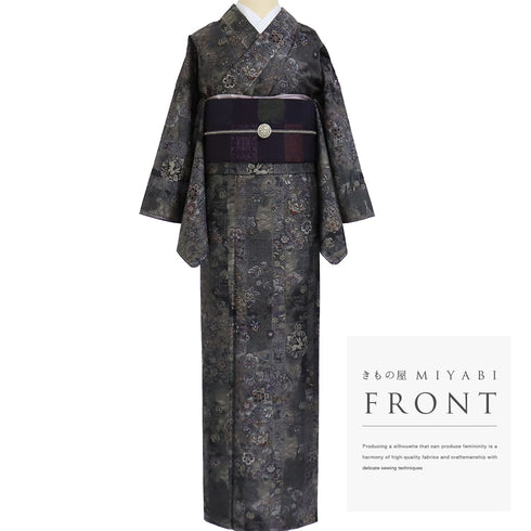 大島紬 リサイクル 身丈163.7cm 裄66.4cm 袷 花、鳥、兎柄 恵績五郎 ゆったりサイズ ブラック Lサイズ お洒落 カジュアル 証紙 しつけ糸 正絹 広衿 未使用品