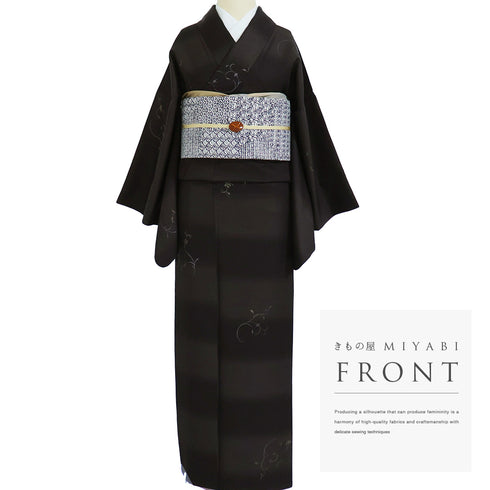 小紋 リサイクル 身丈161.7cm 裄64.8cm 袷 ミシン刺繍 織段ボカシ柄 ブラウン Lサイズ お洒落 カジュアル 正絹 広衿 Sランク