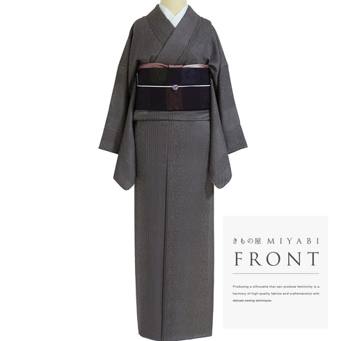 小紋 リサイクル 身丈158cm 裄65.3cm 袷 縦縞模様 地紋 ガード加工 パープル Mサイズ お洒落 正絹 広衿 Sランク