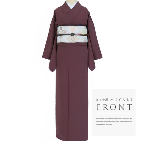 色無地 リサイクル 身丈158.3cm 裄65.8cm 袷 パープル Mサイズ セミフォーマル 落款 一つ紋 しつけ糸 正絹 広衿 地紋なし Sランク