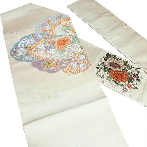 名古屋帯 リサイクル 帯丈361cm ポイント柄 花柄 ベージュ Mサイズ 正絹 新品・未使用品 お洒落