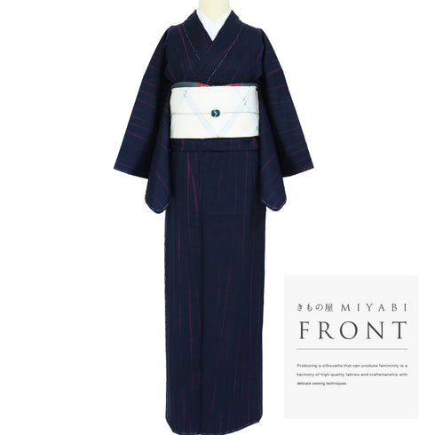 紬 リサイクル 身丈157.2cm 裄64.8cm 袷 筋絞り ネイビー Mサイズ お洒落 カジュアル しつけ糸 正絹 広衿 Sランク