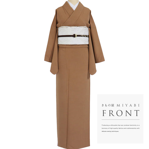 色無地 リサイクル 身丈163.5cm 裄66.2cm 袷 ブラウン Lサイズ セミフォーマル お洒落 一つ紋 正絹 広衿 Sランク