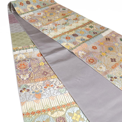 袋帯 リサイクル 帯丈438cm 六通 七宝つなぎに華紋や唐草柄 刺繍 多色 Mサイズ 正絹 未使用品 フォーマル