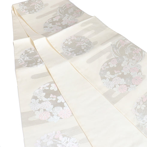 袋帯 リサイクル 帯丈428cm 六通 霞に花丸柄 夏物 ベージュ Sサイズ 混合 新品・未使用品 フォーマル セミフォーマル