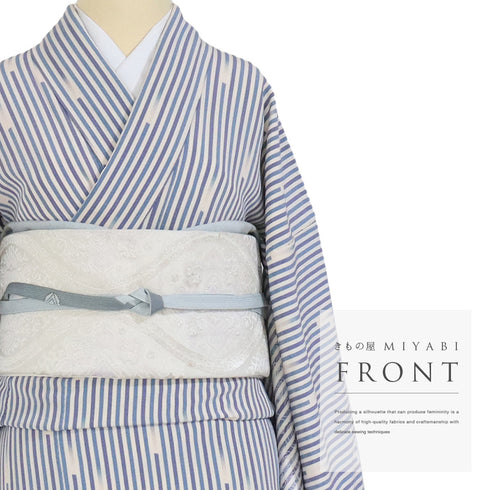 訪問着 リサイクル 身丈161.8cm 裄65.6cm 袷 ゆったりサイズ 花唐草模様 デザイン縞模様 ブルー Lサイズ お洒落 正絹 広衿 Sランク