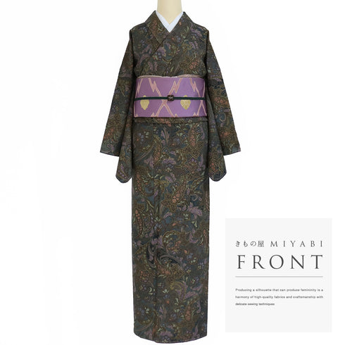 小紋 リサイクル 身丈160.8cm 裄68.4cm 袷 抽象柄 グリーン Lサイズ お洒落 カジュアル しつけ糸 正絹 広衿 Sランク