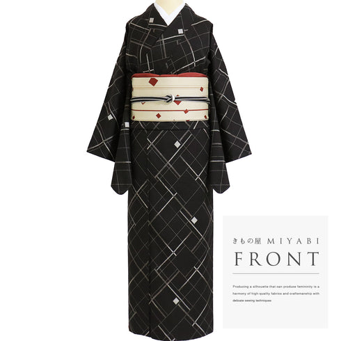 紬 リサイクル 身丈164cm 裄67.6cm 袷 幾何学柄 ブラック Lサイズ カジュアル お洒落 正絹 広衿 Sランク