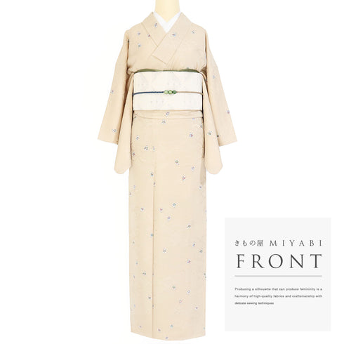 小紋 リサイクル 身丈156.5cm 裄63.8cm 袷 デザイン青海波に唐子人形柄 地紋 ベージュ Mサイズ お洒落 正絹 広衿 Sランク