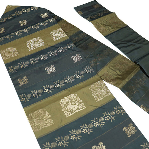 名古屋帯 リサイクル 帯丈350.5cm 六通 横段に名物裂織り出し模様 ブラウン Sサイズ 正絹 Sランク お洒落