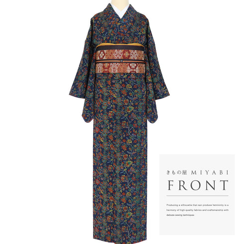 小紋 リサイクル 身丈159cm 裄64cm 袷 唐草柄 ネイビー Mサイズ お洒落 カジュアル 正絹 広衿 Sランク