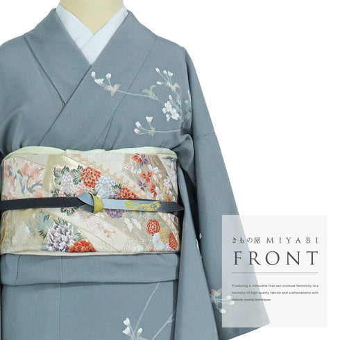 訪問着 リサイクル 身丈151cm 裄62.4cm 袷 花鳥柄 峰山 グレー Sサイズ お洒落 落款 正絹 広衿 Sランク