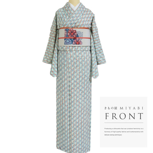 小紋 リサイクル 身丈166.7cm 裄65.6cm 袷 総絞り 麻の葉模様 ブルー LLサイズ お洒落 カジュアル 正絹 広衿 Sランク